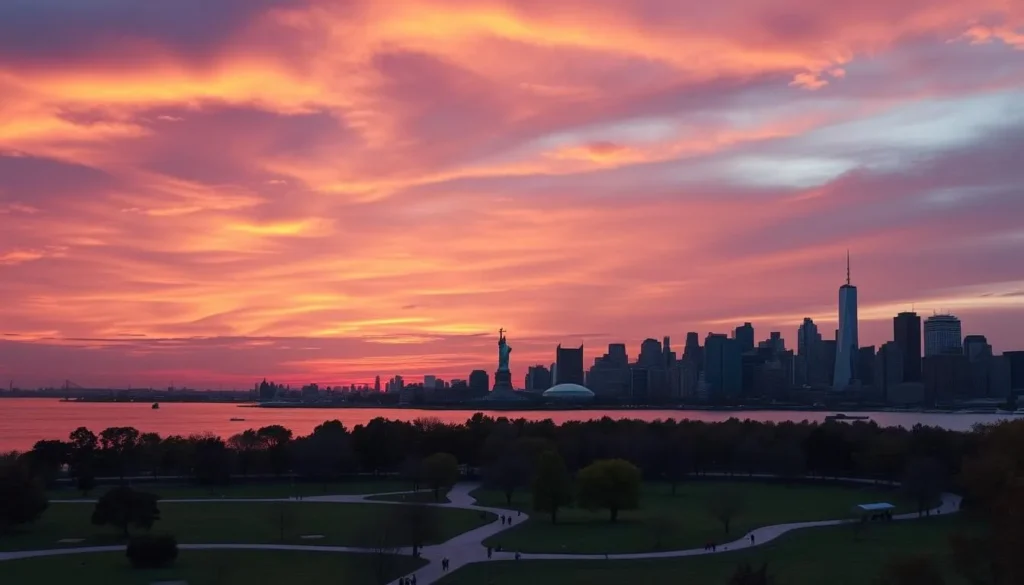 Sunset view of Jersey City skyline with Liberty State Park in foreground Sunset view of Jersey City skyline with Liberty State Park in foreground