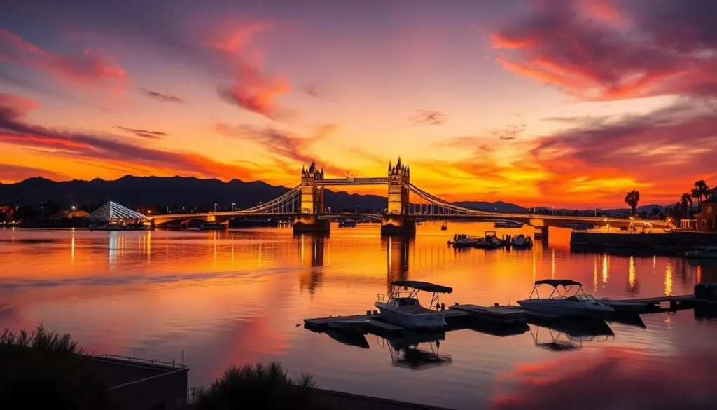 Sunset view of Lake Havasu with the London Bridge illuminated in the evening light