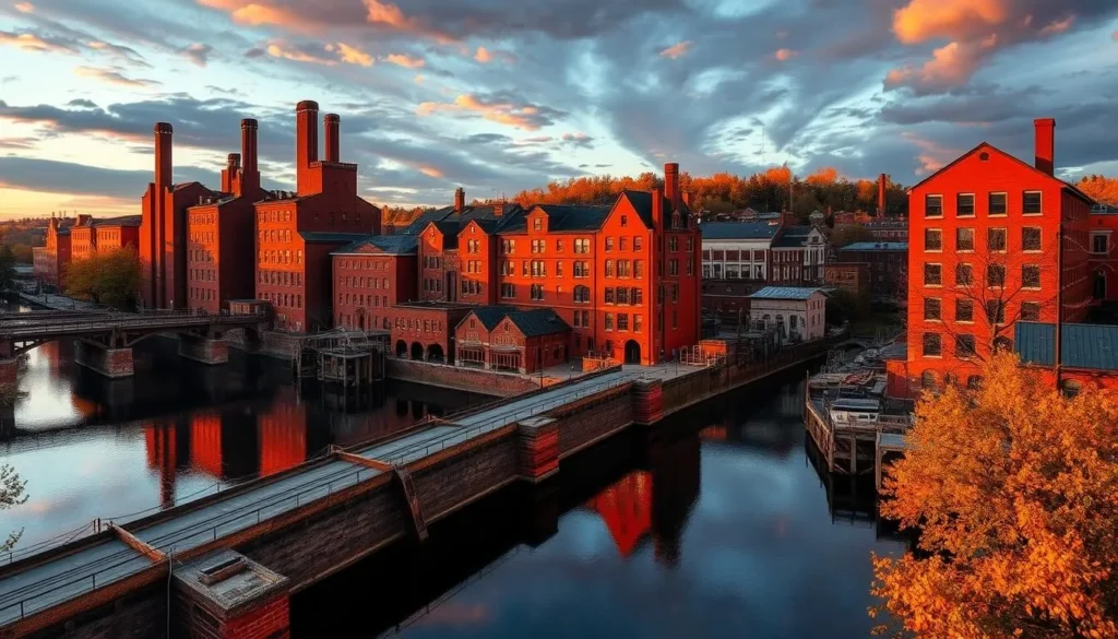 Sunset view of Lowell's historic mills and canals with beautiful golden light Sunset view of Lowell's historic mills and canals with beautiful golden light