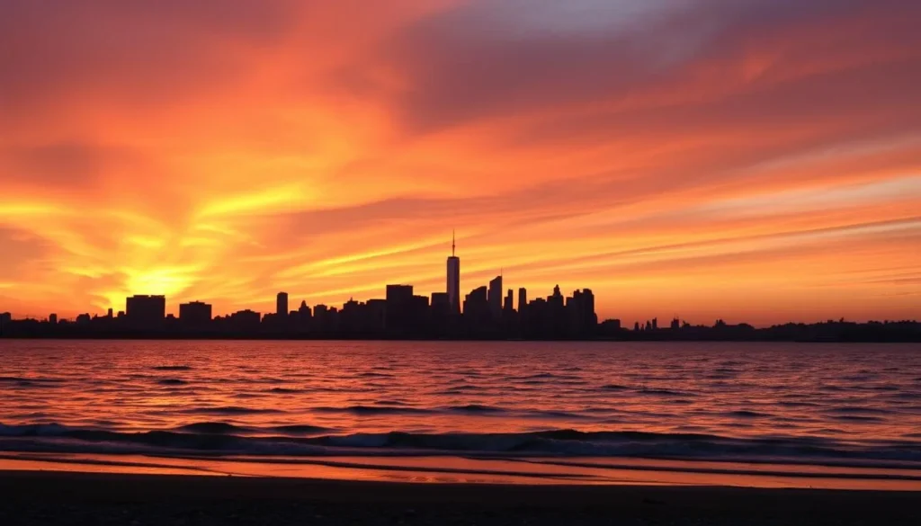 Sunset view of Manhattan skyline from Richmond County shoreline, New York Sunset view of Manhattan skyline from Richmond County shoreline, New York