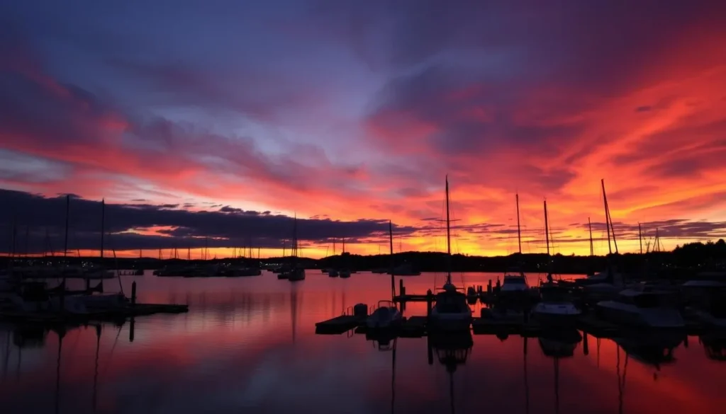 Sunset view of Milford Harbor with boats Sunset view of Milford Harbor with boats