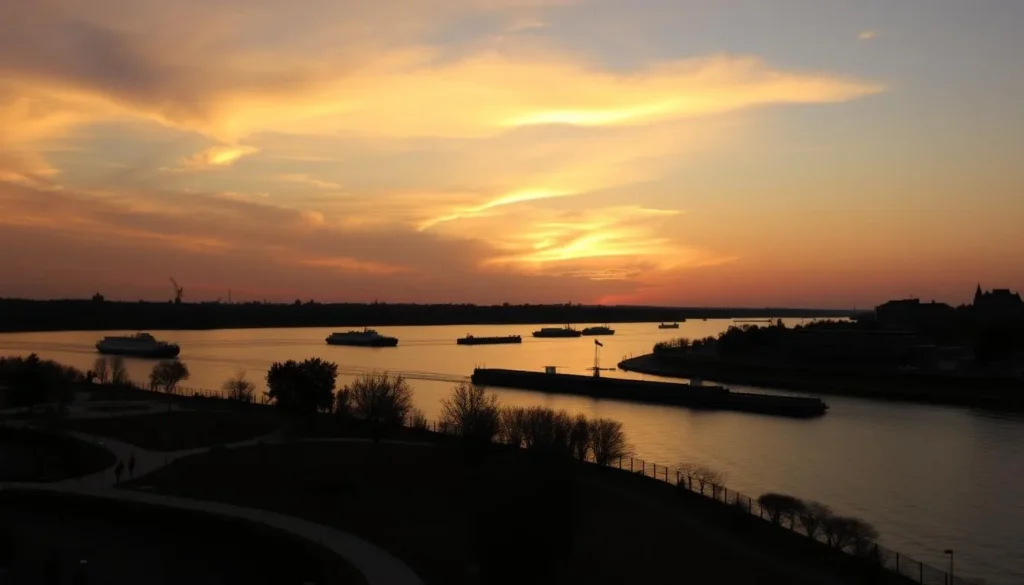 Sunset view of Paducah's riverfront with boats on the Ohio River Sunset view of Paducah's riverfront with boats on the Ohio River