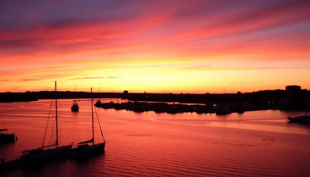 Sunset view of Portland Maine harbor with boats and city lights Sunset view of Portland Maine harbor with boats and city lights