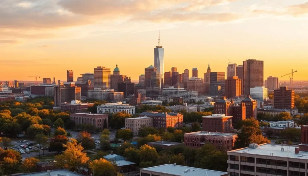 Sunset view of Queens skyline with diverse neighborhood buildings and greenery Sunset view of Queens skyline with diverse neighborhood buildings and greenery