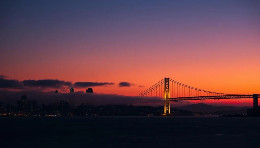 Sunset view of San Francisco skyline with the Bay Bridge illuminated Sunset view of San Francisco skyline with the Bay Bridge illuminated
