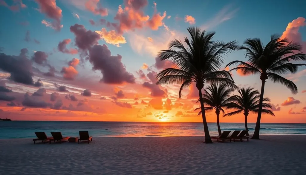 Sunset view of Shoal Bay Village with beach chairs and palm trees silhouetted against the colorful sky