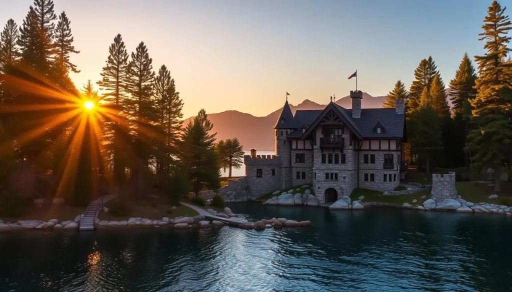 Sunset view of Vikingsholm Castle at Emerald Bay with Lake Tahoe in the background Sunset view of Vikingsholm Castle at Emerald Bay with Lake Tahoe in the background