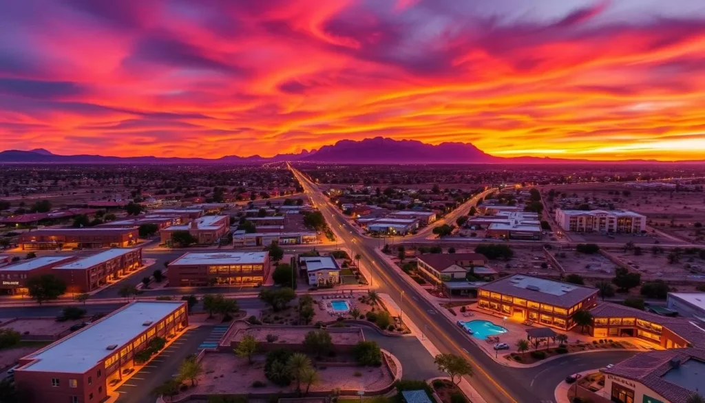 Sunset view of accommodations in Carlsbad city with mountains in the background Sunset view of accommodations in Carlsbad city with mountains in the background