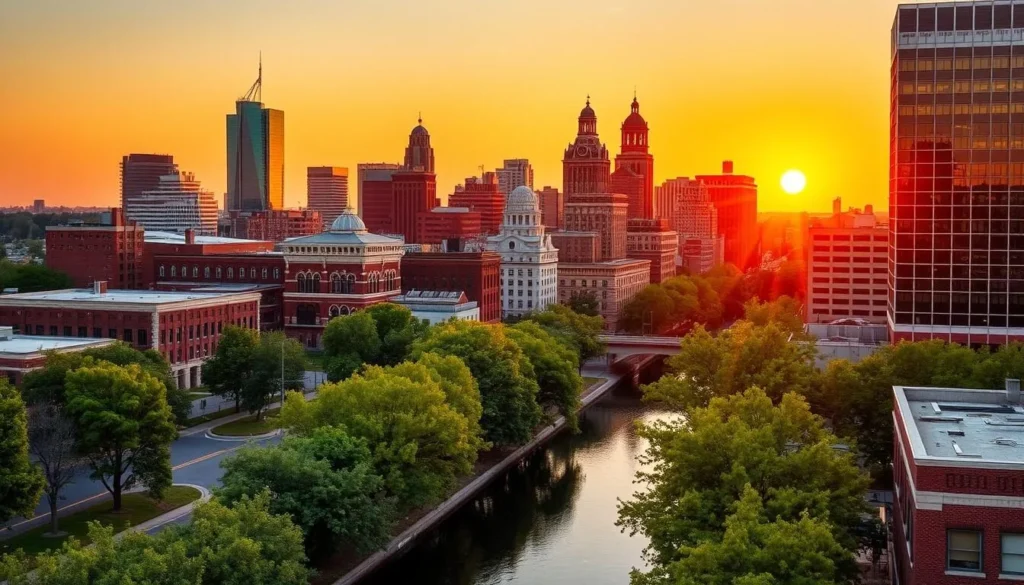 Sunset view of downtown Dearborn Michigan skyline Sunset view of downtown Dearborn Michigan skyline