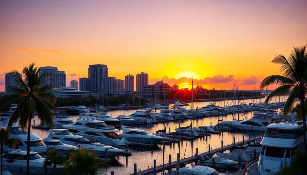 Sunset view of downtown Sarasota Florida skyline with marina and boats in the foreground Sunset view of downtown Sarasota Florida skyline with marina and boats in the foreground