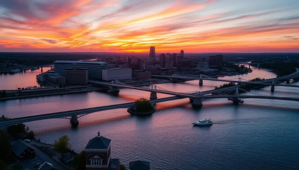 Sunset view of downtown Schenectady skyline with the Mohawk River in the foreground Sunset view of downtown Schenectady skyline with the Mohawk River in the foreground