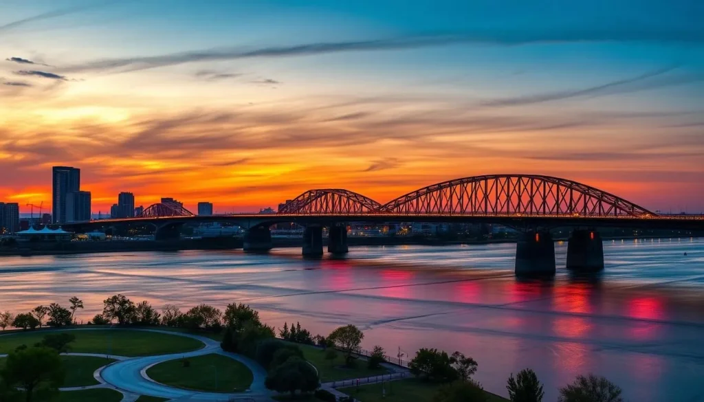 Sunset view of downtown Shreveport with the Texas Street Bridge illuminated over the Red River Sunset view of downtown Shreveport with the Texas Street Bridge illuminated over the Red River