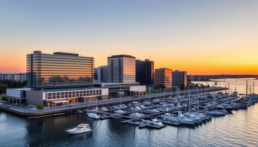 Sunset view of hotels along Erie's bayfront with boats in the harbor Sunset view of hotels along Erie's bayfront with boats in the harbor