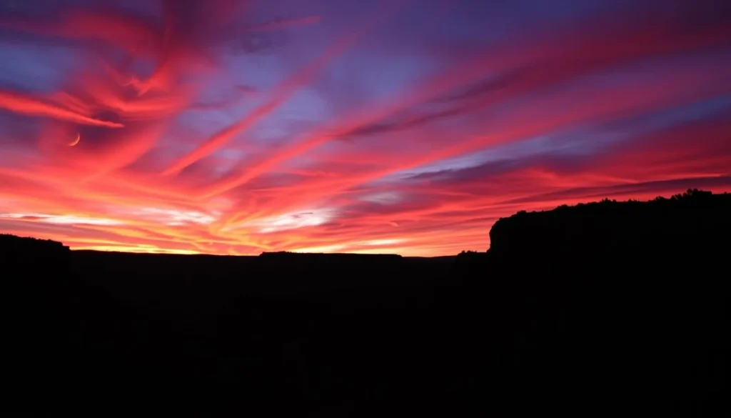 Sunset view over Bandelier National Monument with dramatic red and orange sky Sunset view over Bandelier National Monument with dramatic red and orange sky