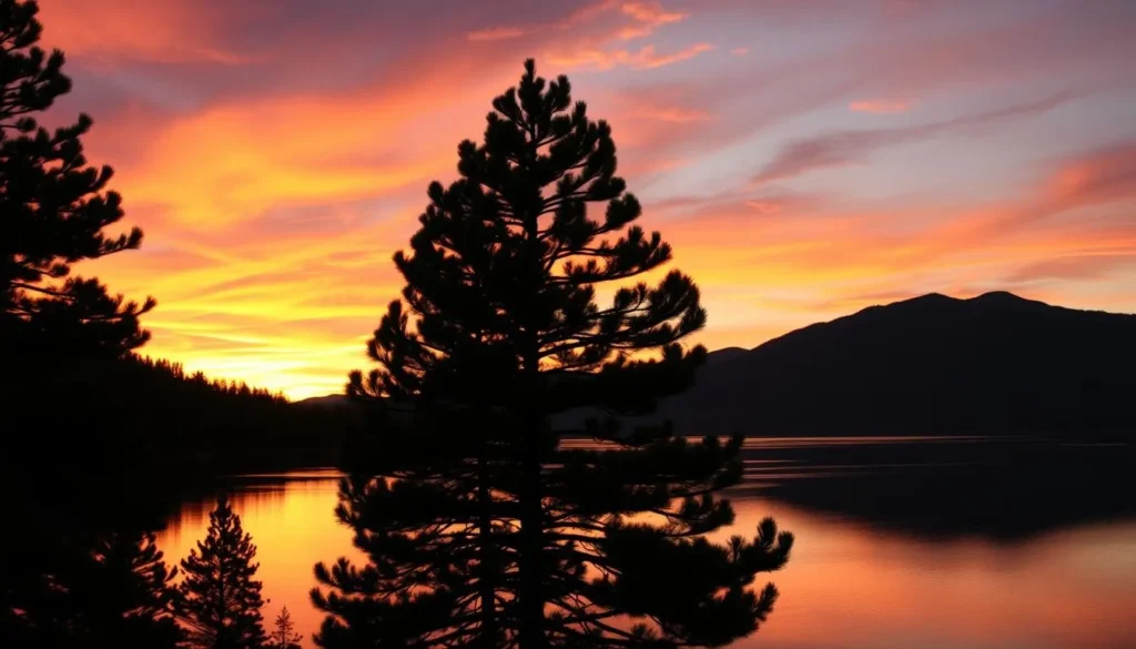 Sunset view over Broken Bow Lake at Beavers Bend State Park with silhouetted pine trees Sunset view over Broken Bow Lake at Beavers Bend State Park with silhouetted pine trees
