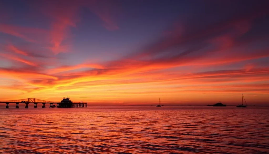 Sunset view over Chesapeake Beach with orange and pink skies reflecting on the water Sunset view over Chesapeake Beach with orange and pink skies reflecting on the water