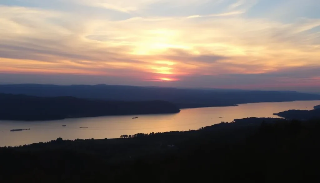 Sunset view over Columbia County, New York with the Hudson River and Catskill Mountains Sunset view over Columbia County, New York with the Hudson River and Catskill Mountains