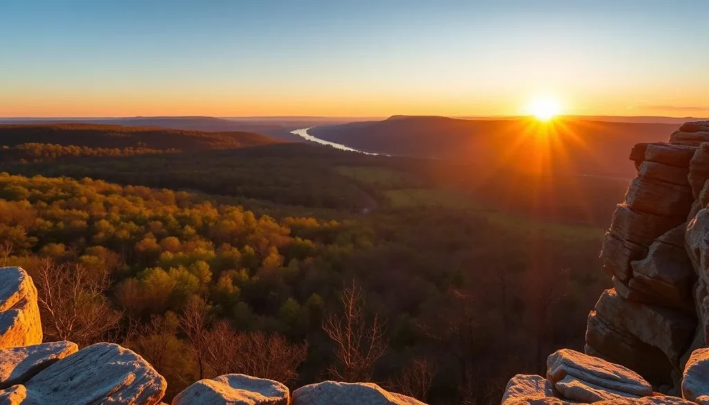 Sunset view over Cuyahoga Valley National Park from Ledges Overlook with golden light on the landscape