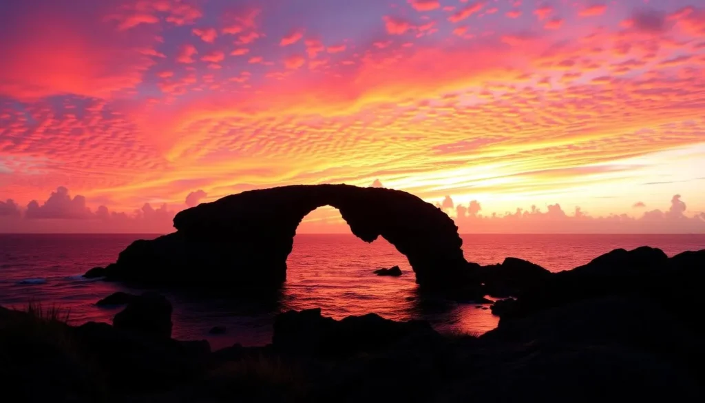 Sunset view over Indian Town National Park coastline with Devil's Bridge silhouetted against the colorful sky Sunset view over Indian Town National Park coastline with Devil's Bridge silhouetted against the colorful sky