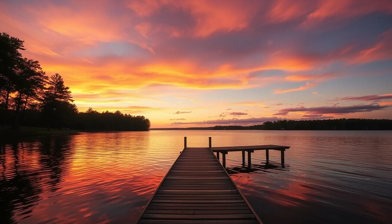 Sunset view over Island Lake Minnesota with fishing pier visible in the distance