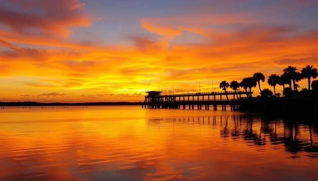 Sunset view over Lake Jackson in Sebring with fishing pier Sunset view over Lake Jackson in Sebring with fishing pier