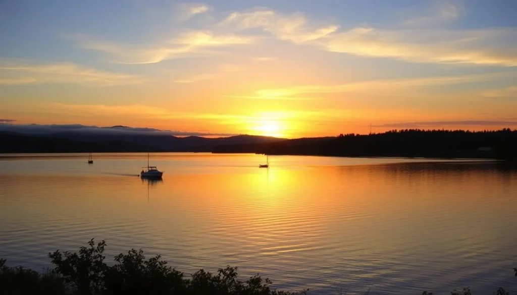 Sunset view over Otsego Lake with silhouettes of boats and the shoreline of Cooperstown Sunset view over Otsego Lake with silhouettes of boats and the shoreline of Cooperstown