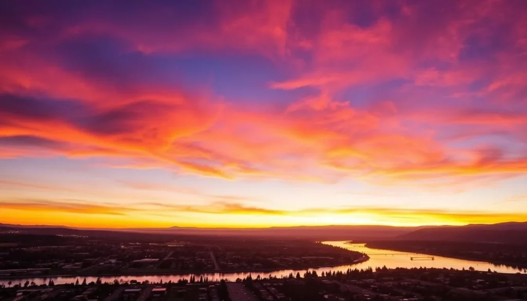 Sunset view over Redding California with mountains in the background and the Sacramento River in the foreground Sunset view over Redding California with mountains in the background and the Sacramento River in the foreground