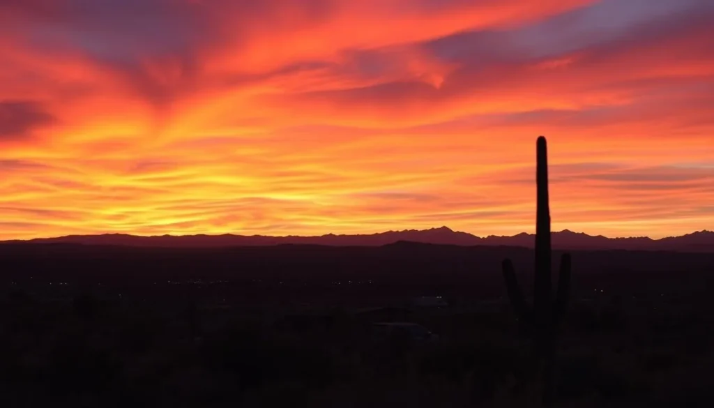 Sunset view over Winslow, Arizona with desert landscape and colorful sky Sunset view over Winslow, Arizona with desert landscape and colorful sky