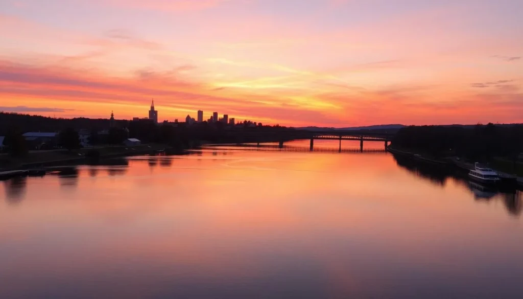 Sunset view over the Androscoggin River in Auburn, Maine with city skyline Sunset view over the Androscoggin River in Auburn, Maine with city skyline