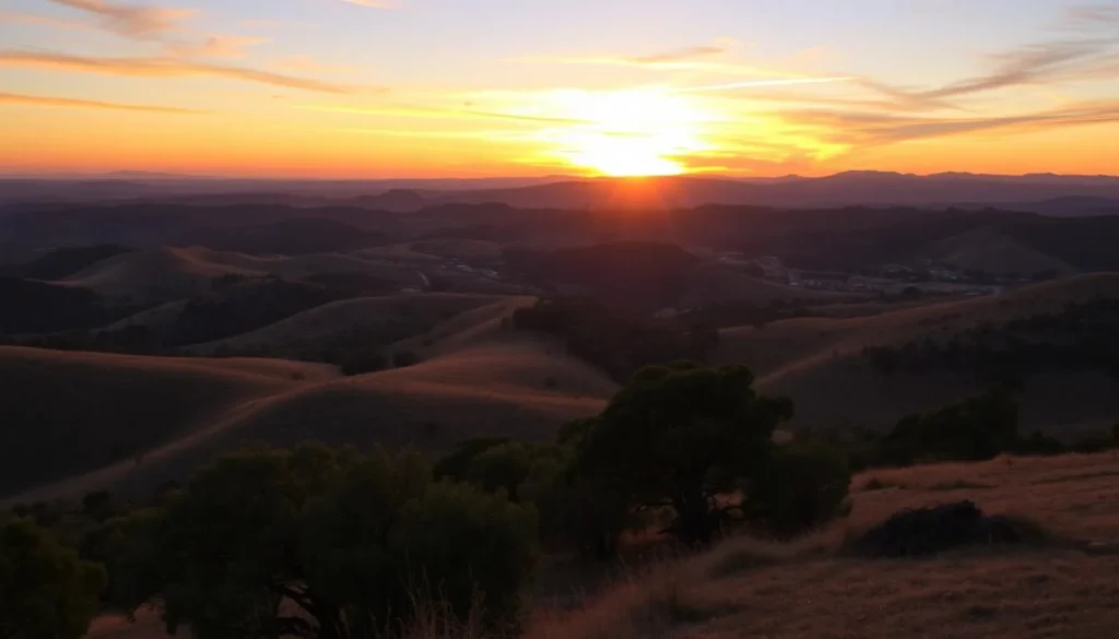 Sunset view over the hills of Contra Costa County with golden light illuminating the landscape Sunset view over the hills of Contra Costa County with golden light illuminating the landscape
