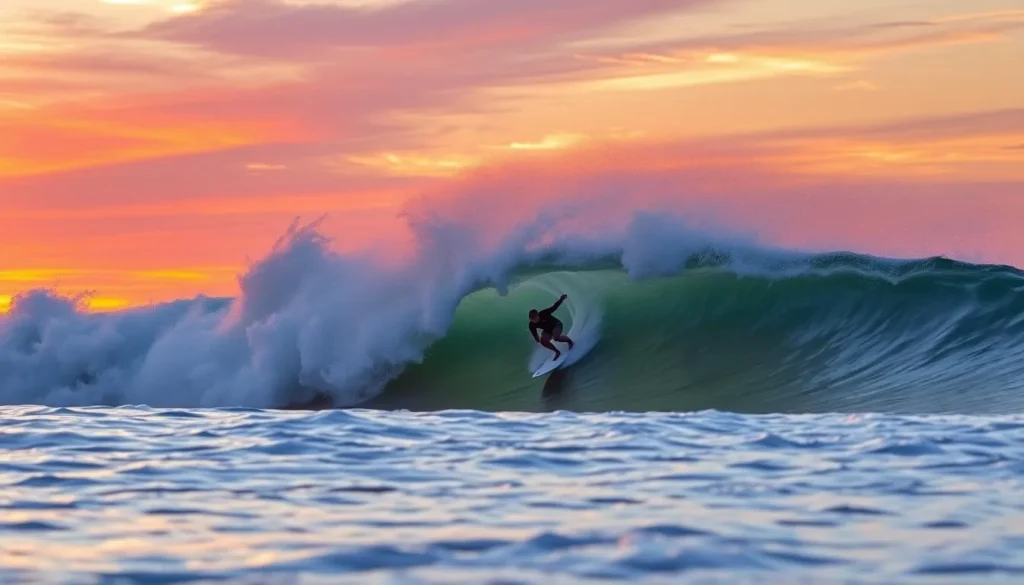 Surfer riding a wave at Hampton Beach