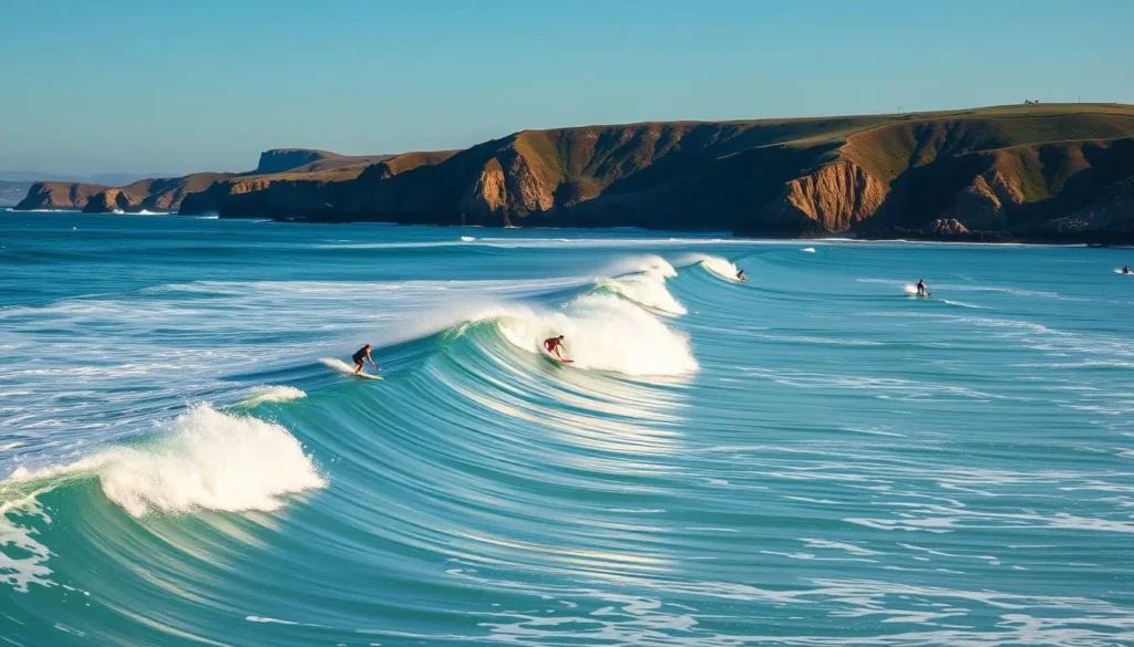 Surfers riding waves at Half Moon Bay with coastal cliffs in background Surfers riding waves at Half Moon Bay with coastal cliffs in background
