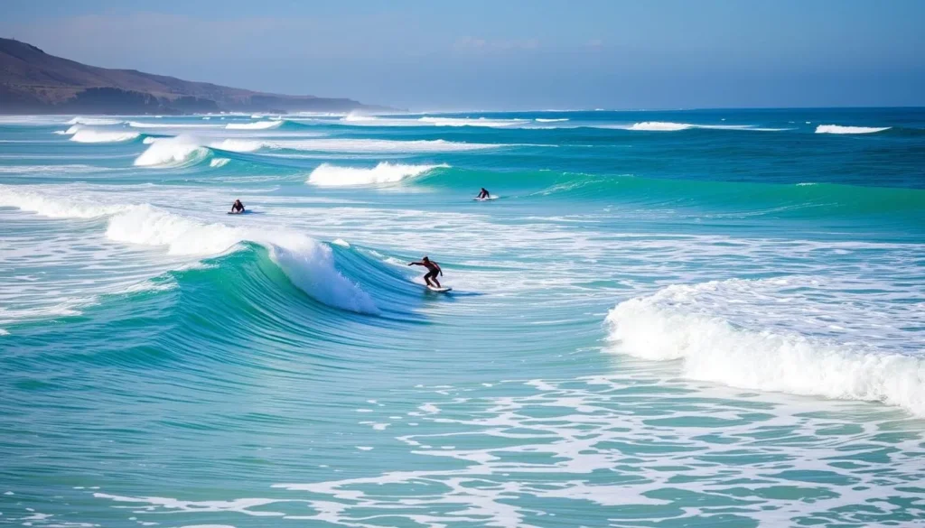Surfers riding waves at Rincon Point in Ventura County with coastal cliffs in the background Surfers riding waves at Rincon Point in Ventura County with coastal cliffs in the background