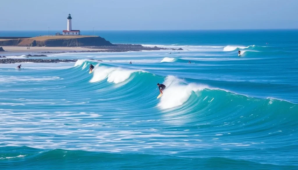 Surfers riding waves at Steamer Lane in Santa Cruz with West Cliff Drive in the background Surfers riding waves at Steamer Lane in Santa Cruz with West Cliff Drive in the background