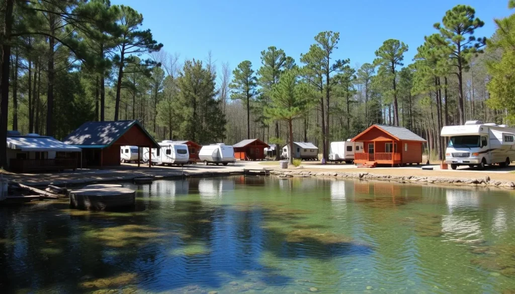 Suwannee River Rendezvous Resort showing cabins, camping areas, and the historic Convict Spring Suwannee River Rendezvous Resort showing cabins, camping areas, and the historic Convict Spring