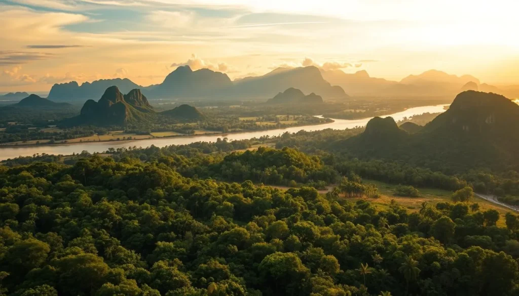 Sweeping aerial view of Cambodia's tropical landscape, showcasing its diverse climate patterns. Lush, verdant forests and rolling hills in the foreground, with the Mekong River winding peacefully through the middle ground. In the distance, towering limestone mountains rise majestically, their peaks shrouded in wispy clouds. Warm, golden sunlight bathes the scene, creating a serene and picturesque atmosphere. The image conveys the region's distinct seasonality, from the lush greenery of the wet season to the more arid landscapes of the dry months. A sense of tranquility and harmony pervades the scene, capturing the essence of Cambodia's captivating climate.
