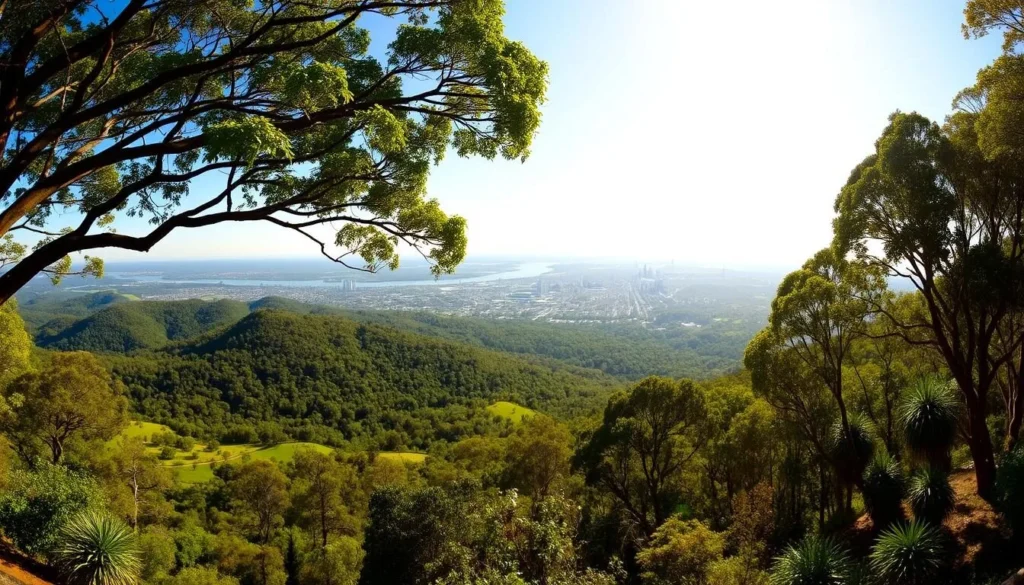 Sweeping panoramic vista of the lush, verdant Mt Coot-tha Reserve, nestled in the heart of Brisbane, Australia. A peaceful mountain oasis, with rolling hills, dense forests, and a winding network of hiking trails. Bright, warm sunlight filters through the canopy, casting a golden glow over the scene. In the distance, a glimpse of the sparkling Brisbane River and the city skyline beyond, creating a harmonious blend of nature and urban landscape. Capture the tranquility and natural beauty of this beloved local treasure, inviting the viewer to immerse themselves in the serene outdoors.