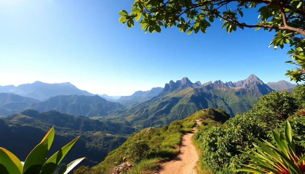 Sweeping vistas of lush, verdant hills and towering, rugged peaks rise majestically against a clear, azure sky. Sunlight dapples the slopes, casting warm, golden hues across the landscape. A winding trail leads the viewer upwards, inviting exploration of these breathtaking mountain viewpoints. In the foreground, vibrant tropical foliage frames the scene, hinting at the hidden wonders that await. The image is captured through a wide-angle lens, offering a panoramic, immersive perspective that transports the viewer to the heart of the Gambier Islands' stunning natural beauty.