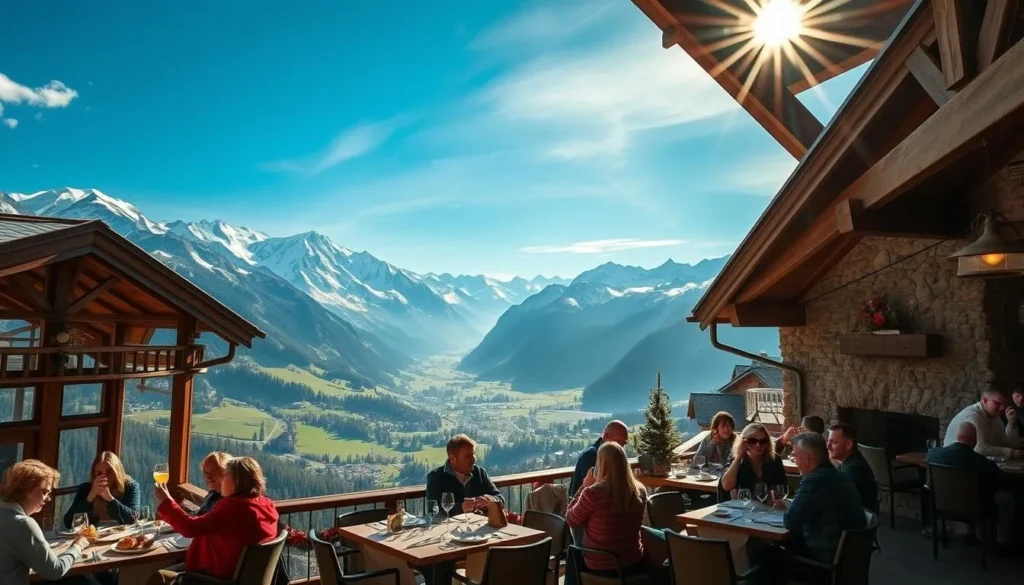 Sweeping vistas of snow-capped peaks and verdant valleys, where cozy mountain restaurants offer panoramic views. Capture the essence of alpine dining, with sunlight streaming through large windows, illuminating rustic wooden beams and stone fireplaces. Patrons enjoying local delicacies, sipping on warm beverages, and taking in the breathtaking scenery that surrounds them. Utilize a wide-angle lens to emphasize the grandeur of the landscape, while maintaining a sense of intimate, inviting atmosphere within the dining establishment. Convey a mood of tranquility, comfort, and appreciation for the natural beauty that defines this picturesque Swiss setting.