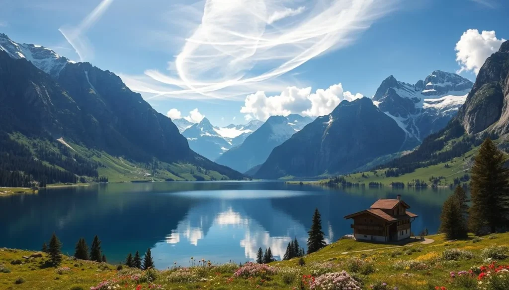 Sweeping vistas of snow-capped peaks rise majestically against a clear, azure sky. Rugged, craggy cliffs plunge into verdant alpine meadows dotted with wildflowers. A crystal-clear lake reflects the majestic mountains in its still, mirror-like surface. Sunlight filters through wispy, cumulus clouds, casting a warm, golden glow over the scene. In the distance, a traditional Swiss chalet nestles amid the towering pines, its red-tiled roof and wooden façade blending seamlessly with the natural landscape. Capture the timeless beauty and tranquility of the Swiss Alps in this breathtaking, high-resolution photograph.