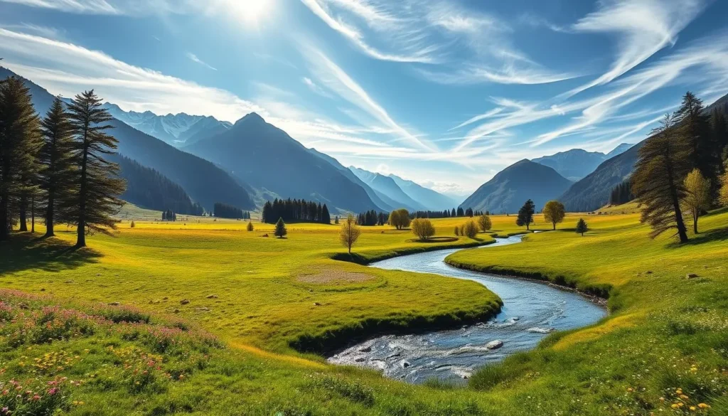Sweeping vistas of the Pfyn-Finges Nature Park, Switzerland, on a picturesque summer day. Lush green meadows dotted with vibrant wildflowers stretch towards towering snow-capped peaks in the distance. A winding river meanders through the serene landscape, its gentle currents reflecting the azure sky above. Sunlight filters through wispy clouds, casting a warm, golden glow over the scene. Majestic pine and deciduous trees line the banks, their verdant foliage swaying in a light breeze. The peaceful, natural atmosphere invites exploration and tranquil contemplation.