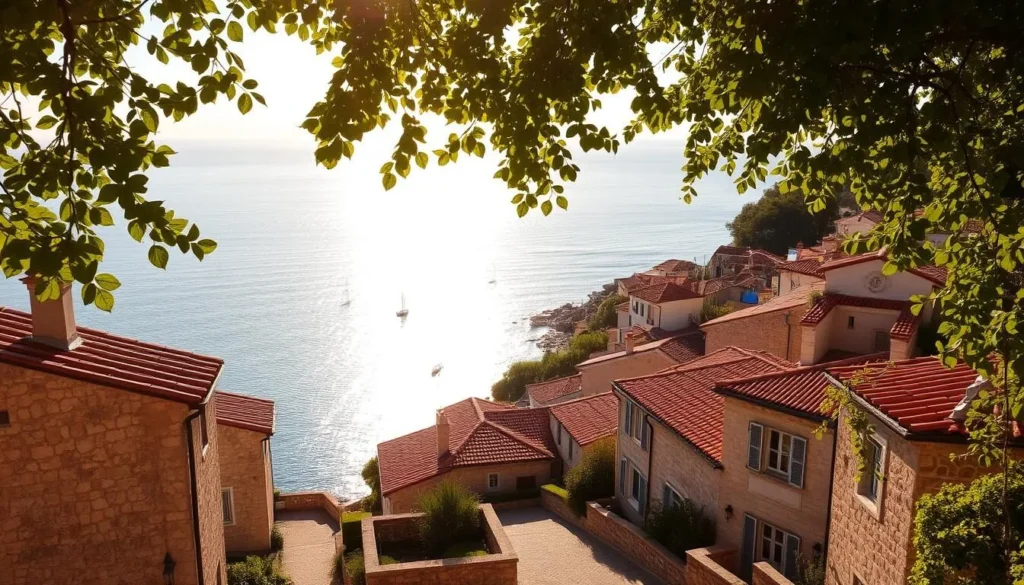 Sweeping vistas of the picturesque seaside town of Èze, France, basking in the warm glow of a golden afternoon sun. Cobblestone streets wind through quaint stone buildings, their terracotta roofs glistening. In the distance, the azure waters of the Mediterranean shimmer, dotted with sailboats gliding across the horizon. Lush, verdant foliage cascades down the hillsides, framing the scene with vibrant hues. A gentle breeze rustles the leaves, creating a soothing, tranquil atmosphere. Capture the essence of Èze's weather-perfect charm, showcasing the ideal conditions for a weather-savvy traveler's visit.