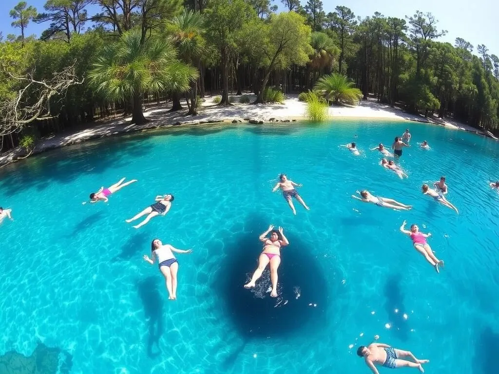 Swimmers enjoying the clear blue waters at Gilchrist Blue Springs State Park Swimmers enjoying the clear blue waters at Gilchrist Blue Springs State Park