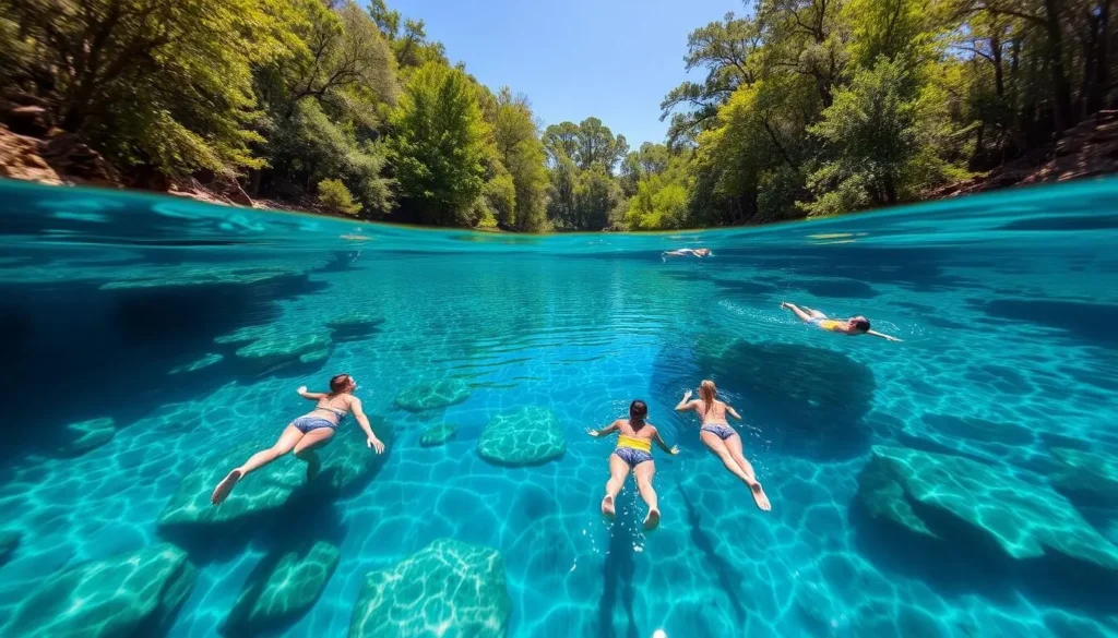 Swimmers enjoying the crystal clear waters of Lafayette Blue Springs State Park with underwater limestone formations visible Swimmers enjoying the crystal clear waters of Lafayette Blue Springs State Park with underwater limestone formations visible