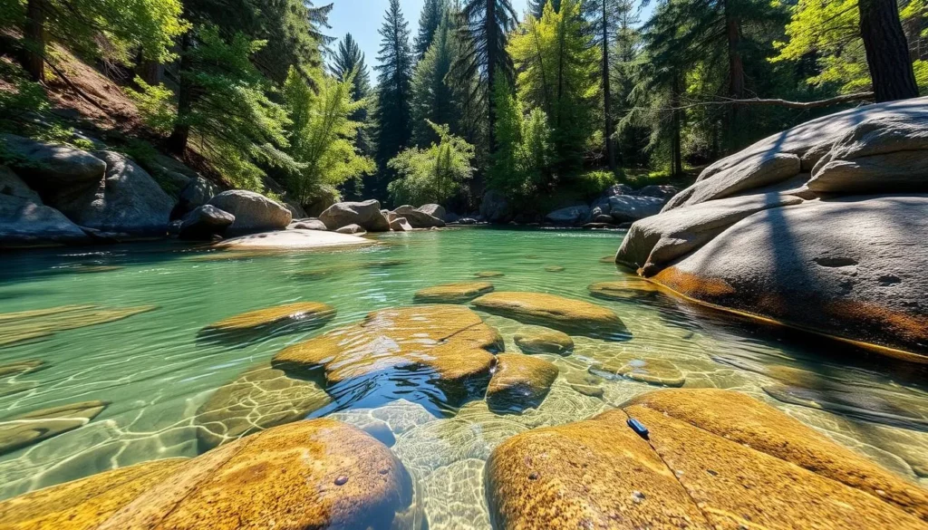 Swimming hole at South Yuba River State Park with emerald waters and granite boulders Swimming hole at South Yuba River State Park with emerald waters and granite boulders