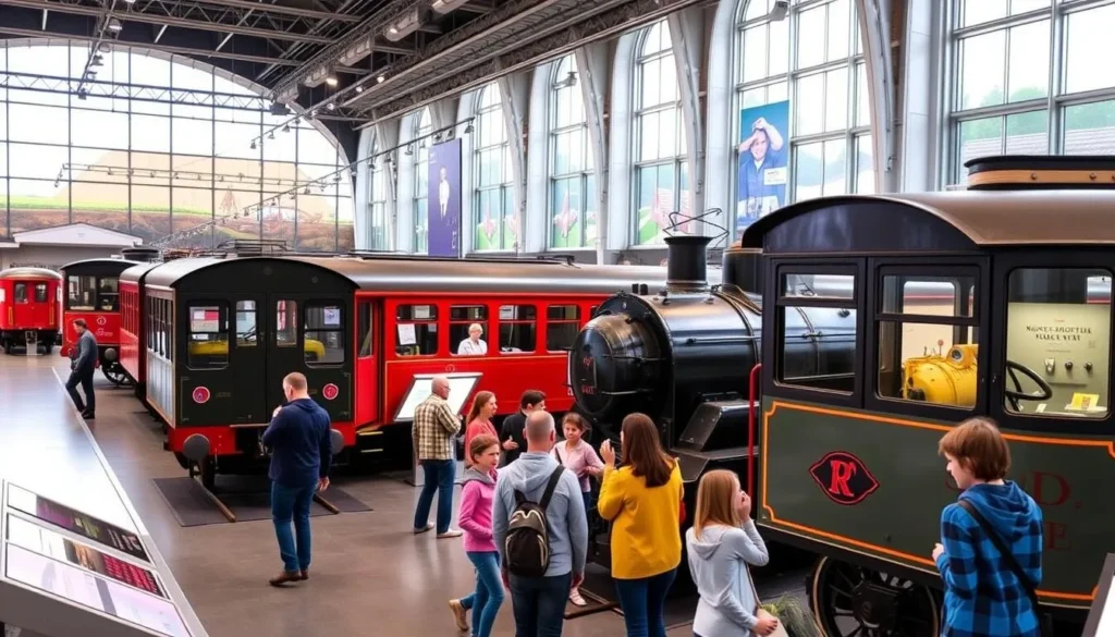 Swiss Museum of Transport exhibit hall with historic trains and interactive displays