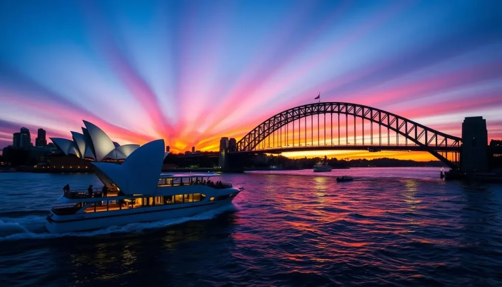 Sydney Harbour Cruise sailing past the Opera House with the Harbour Bridge lit up at sunset