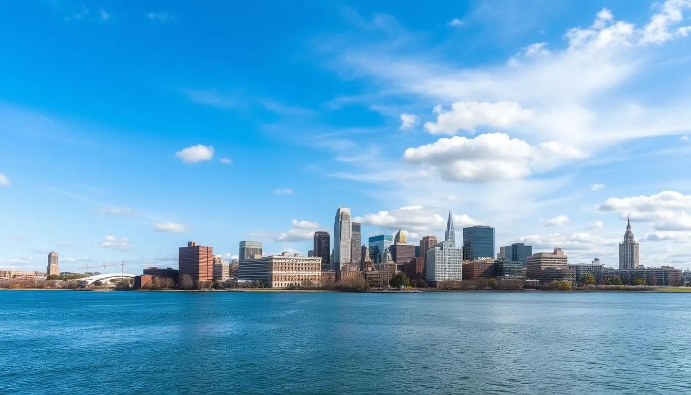 Syracuse skyline with Onondaga Lake in the foreground