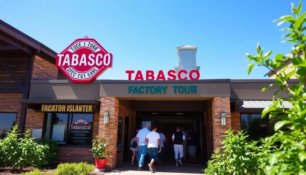 TABASCO Factory Tour entrance on Avery Island, Louisiana with the iconic red logo TABASCO Factory Tour entrance on Avery Island, Louisiana with the iconic red logo