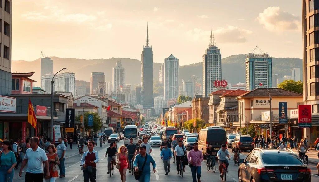 Taichung City, Taiwan's vibrant central metropolis, bathed in warm afternoon sunlight. A bustling cityscape with towering skyscrapers and historic architecture, framed by lush green hills in the distance. In the foreground, a bustling street scene, with locals and tourists alike navigating the vibrant city life - pedestrians, cyclists, and cars creating a dynamic choreography. The scene is captured through a wide-angle lens, showcasing the scale and energy of this modern Taiwanese city, while preserving a sense of place and community.